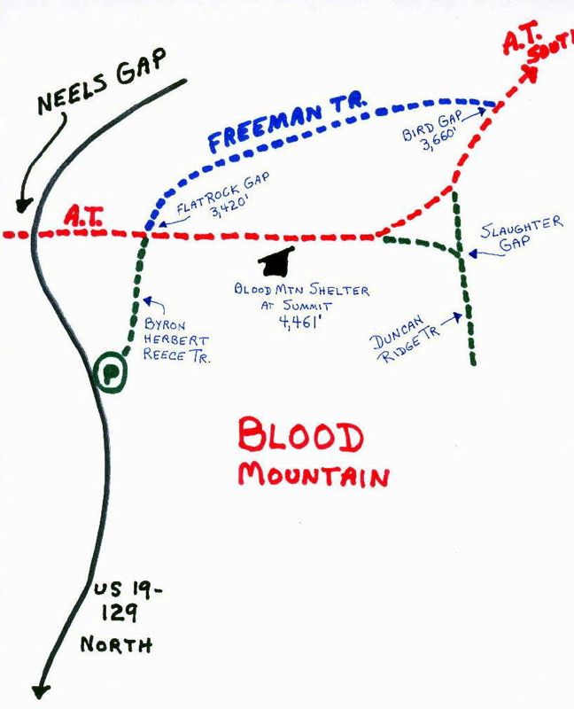 Map showing Neels Gap and Blood Mountain trails while approaching from the north  Courtesy elversonhiker@yahoo.com